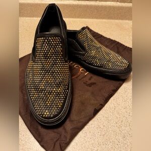 Gucci, leather, slide in snakeskin studded loafers